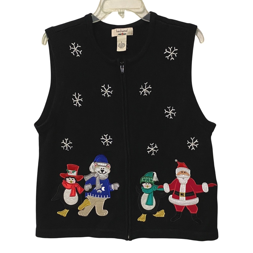Vtg Y2K Womens Christmas Holiday Zip Sweater Vest L Black Kitschy Grandmacore